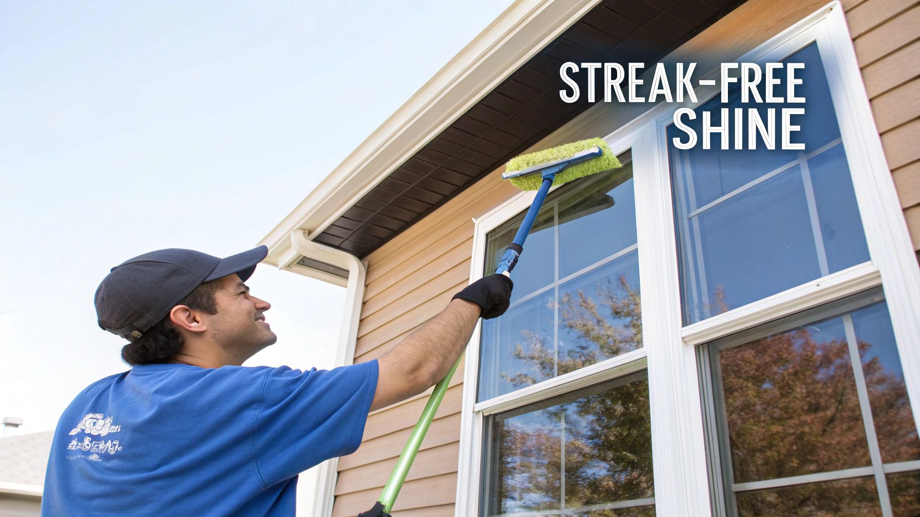 A professional window cleaner using a squeegee on a large window pane.