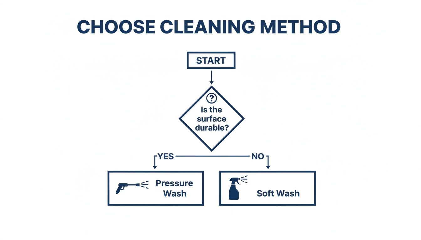 Flowchart guiding users to choose between pressure wash for durable surfaces and soft wash for non-durable surfaces.