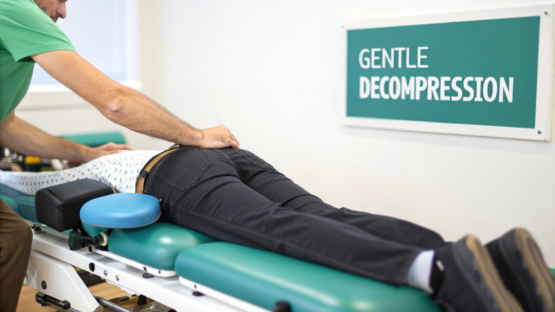 A therapist performs a gentle decompression treatment on a patient's lower back on a medical table.
