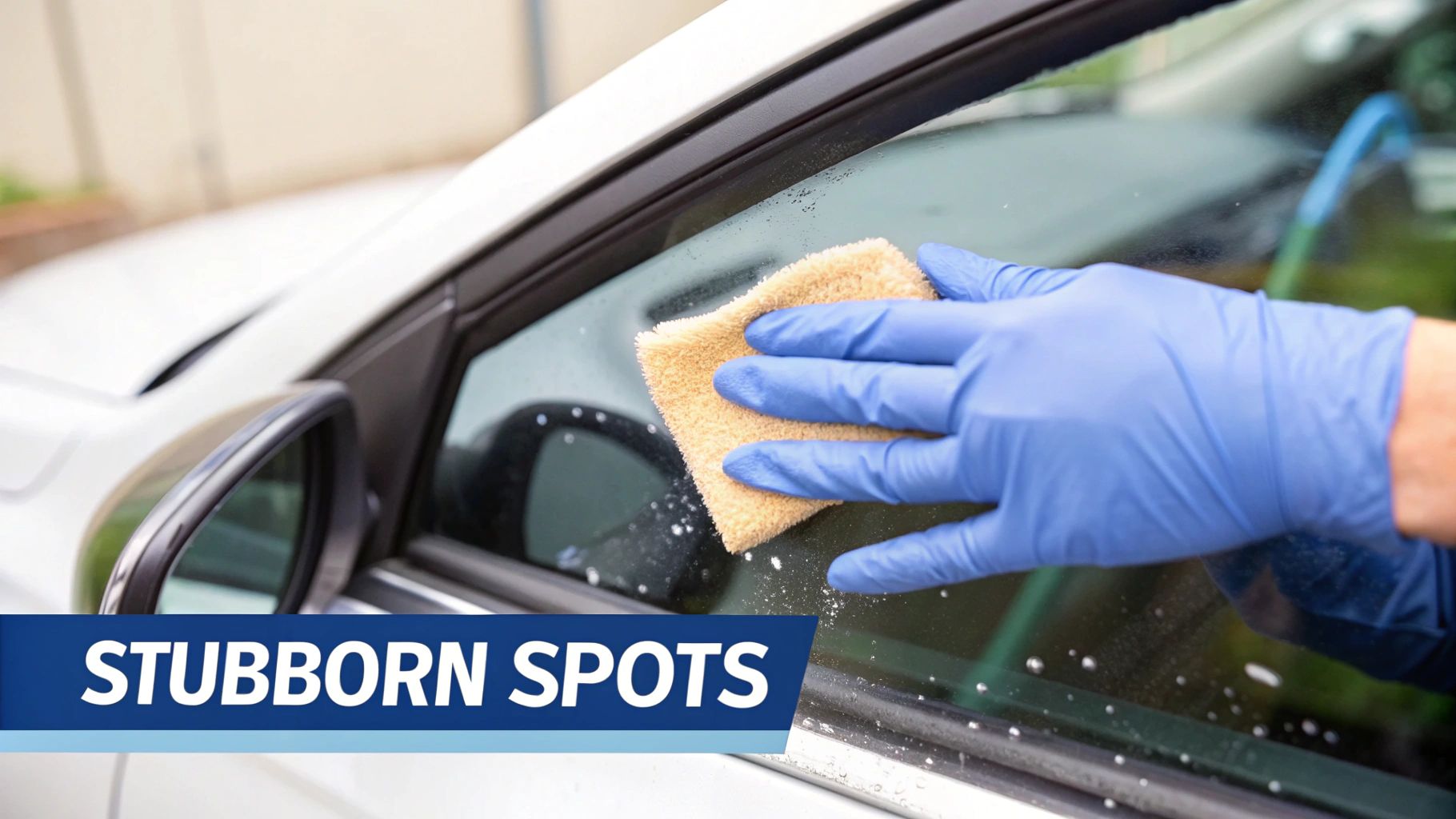 A gloved hand uses a cloth to clean suds from a car window, removing stubborn spots.
