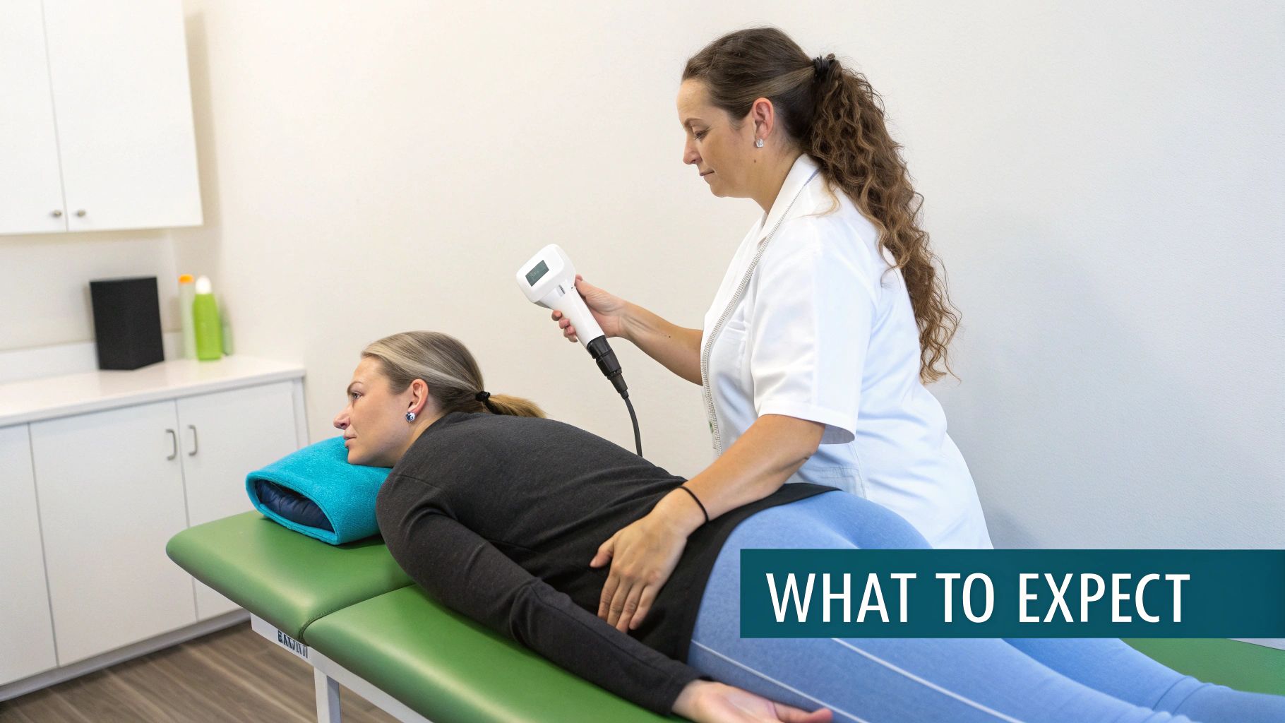 A therapist in a white coat performs cold laser therapy on a patient's lower back.