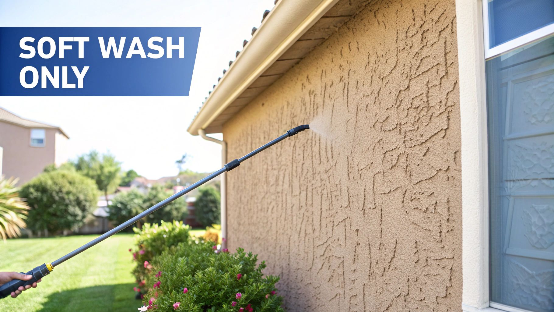 A person performs a soft wash on a textured stucco house wall, as indicated by a 'soft wash only' sign.