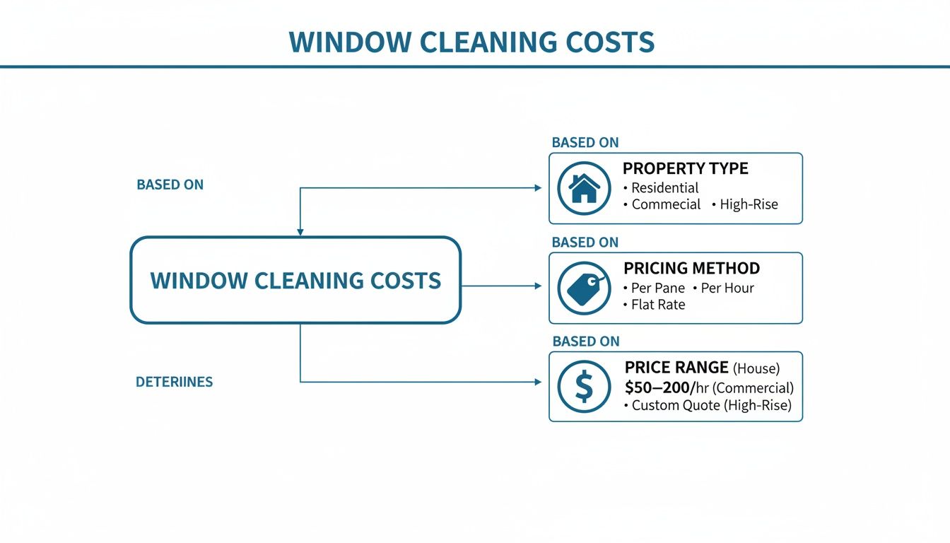 Flowchart detailing window cleaning costs based on property type, pricing method, and price range.
