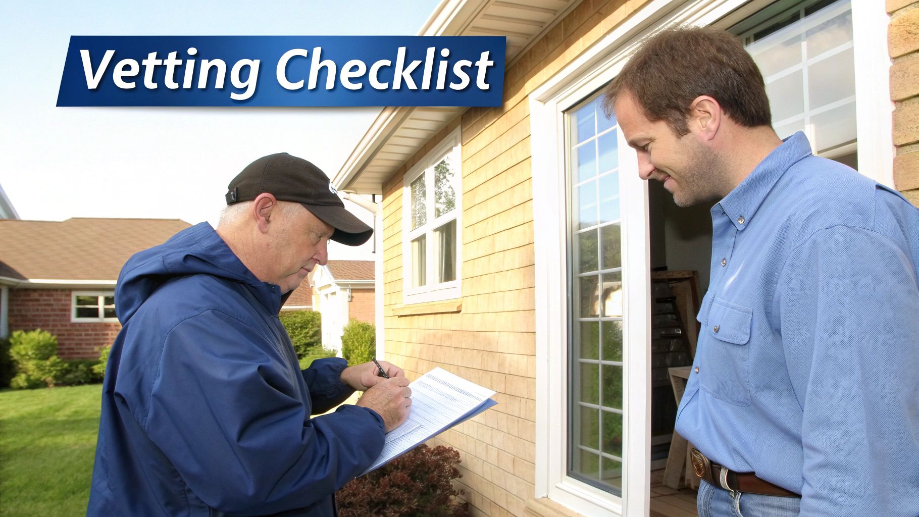 An inspector completes a vetting checklist outside a house with a homeowner.