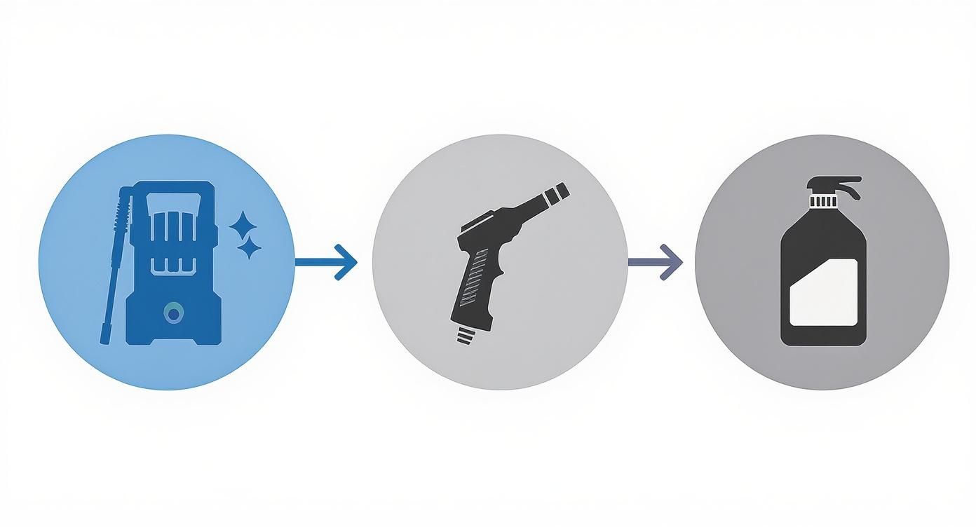 Three-step pressure washing process diagram showing pressure washer, spray gun, and cleaning detergent bottle