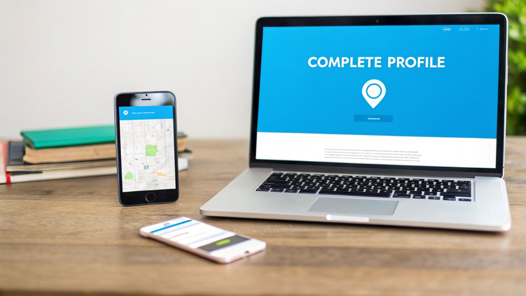 A laptop displaying 'COMPLETE PROFILE' and a location pin, two smartphones, and books on a wooden desk.