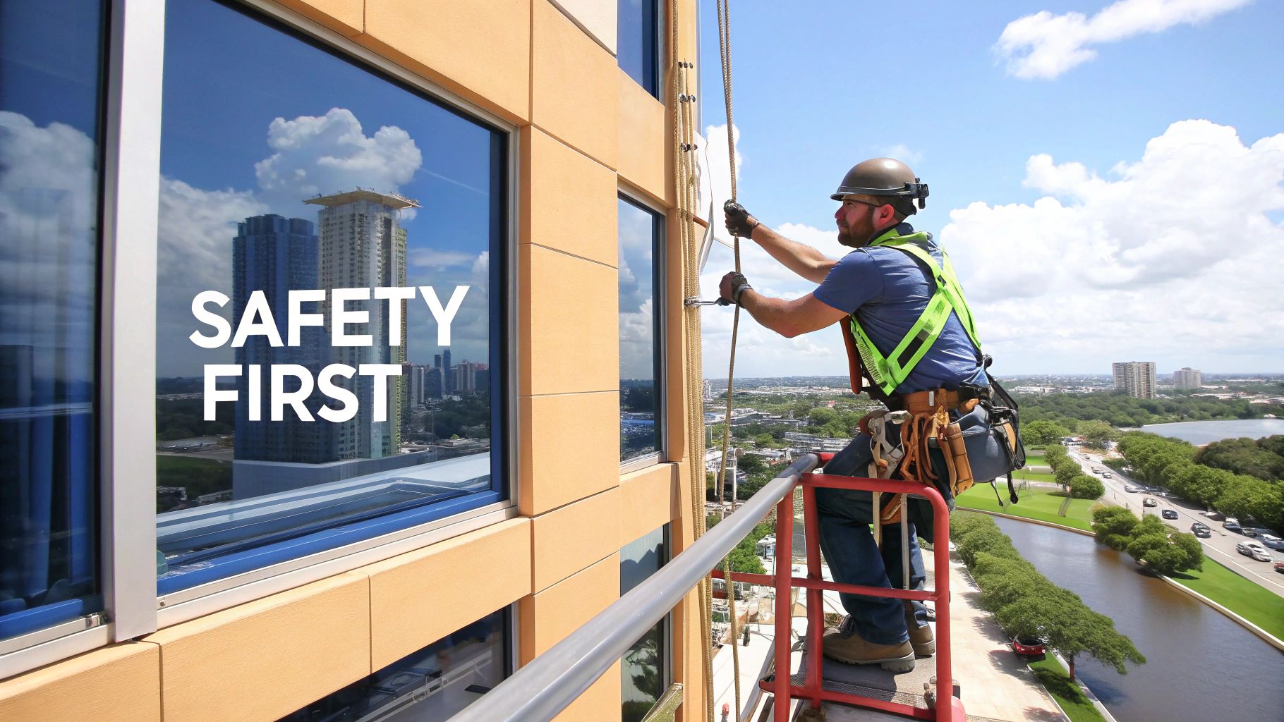 Professional window washer on a scaffold, cleaning high-rise windows with "SAFETY FIRST" visible.