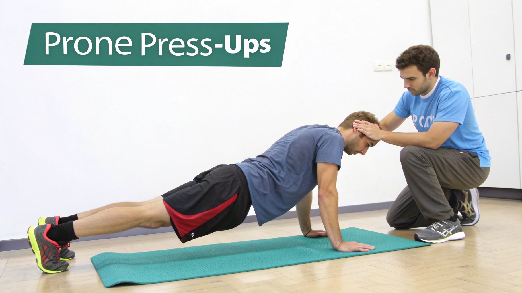 A man performing a prone press-up exercise on a mat, guided by a therapist.