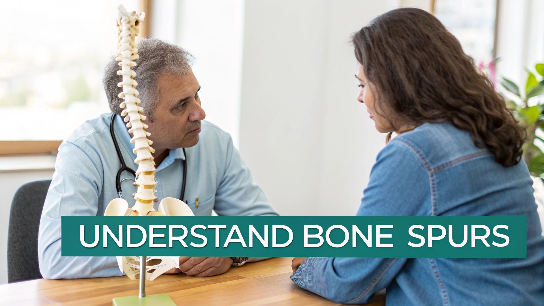 A male doctor in a light blue shirt consults a female patient about spinal health, with a spine model and text 'UNDERSTAND BONE SPURS'.