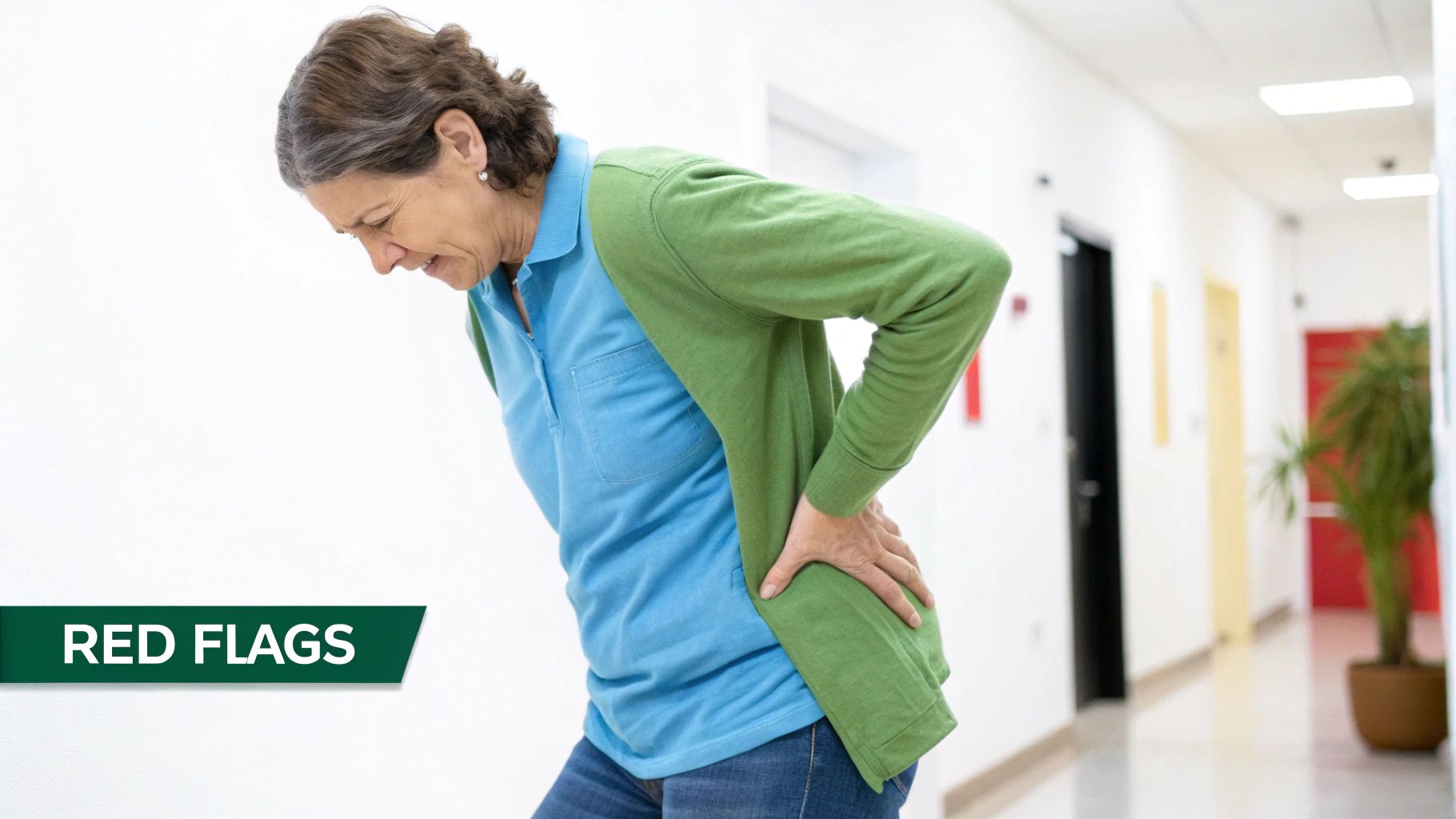 A mature woman hunched over, clutching her lower back in pain in a bright hallway.