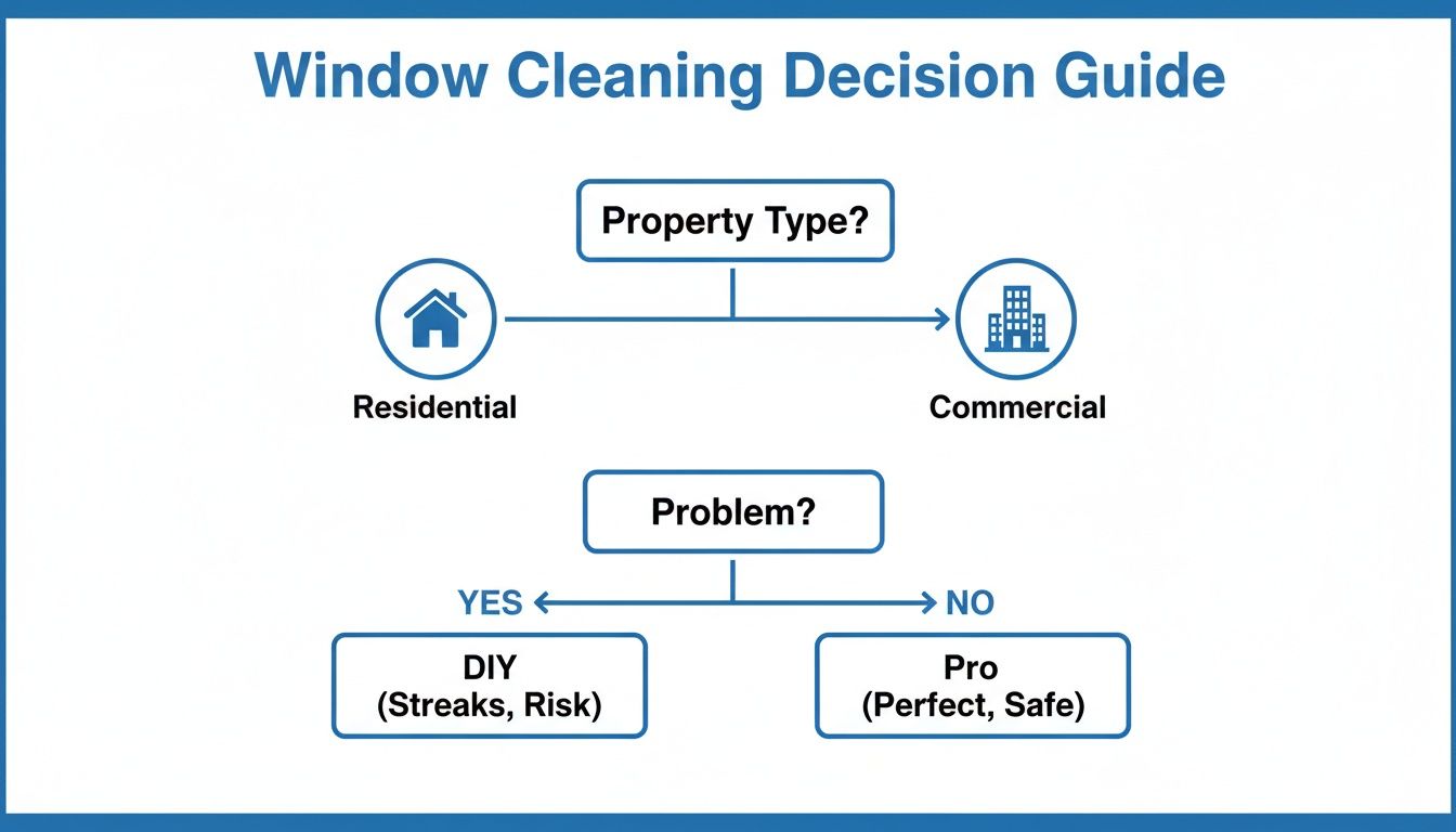 A window cleaning decision guide flowchart comparing residential vs. commercial and DIY vs. professional cleaning options.