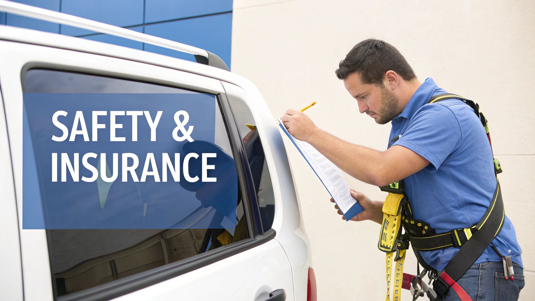 Man in safety harness writing on a clipboard next to a white vehicle with 'Safety & Insurance' text.