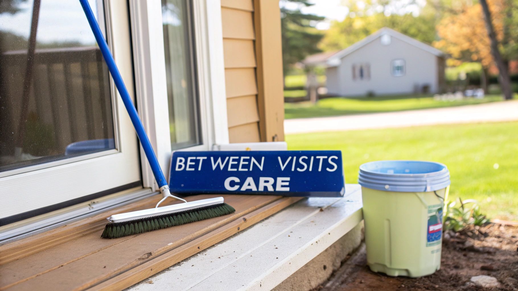 A long-handled broom rests against a house window next to a "Between Visits Care" sign and a green bucket.