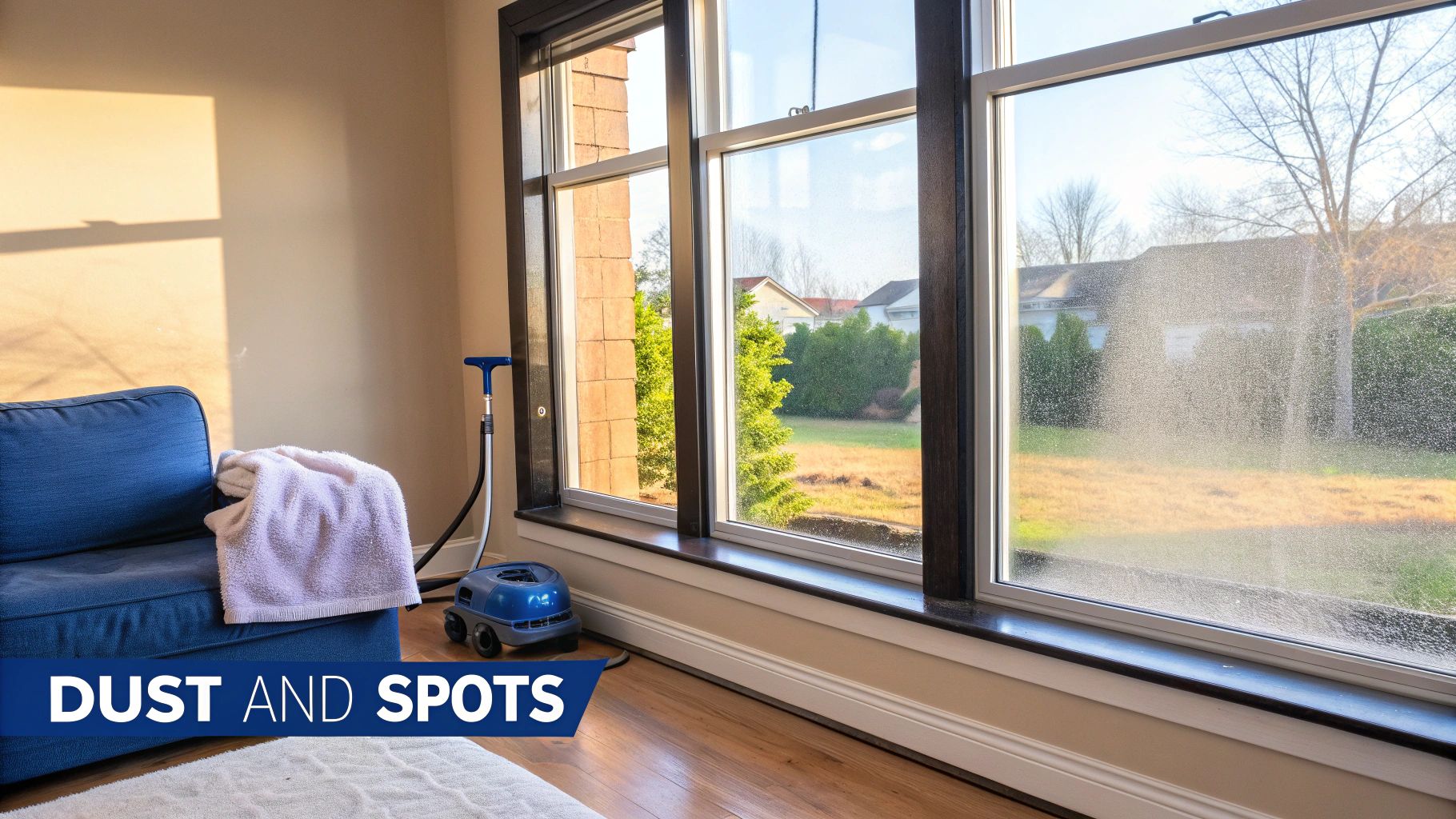 A dirty window covered in dust and spots in a sunlit living room, next to a cleaning tool and a blue couch.