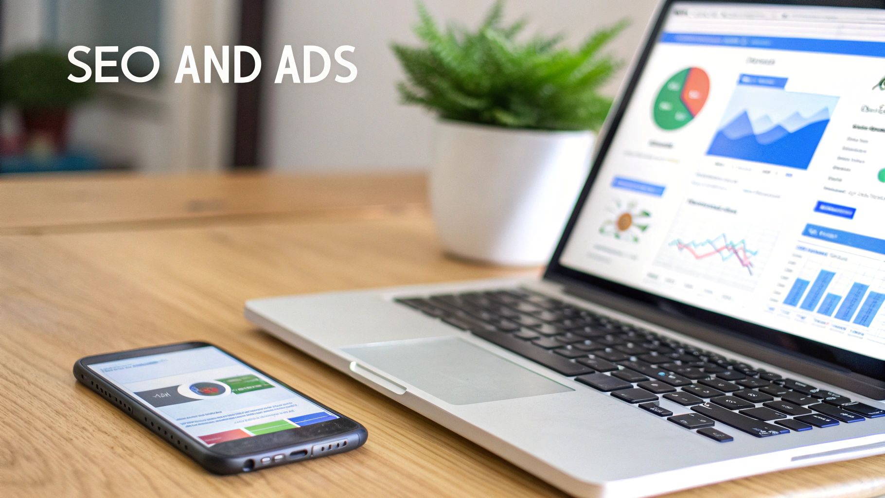 A laptop and smartphone on a wooden desk displaying marketing analytics, with 'SEO AND ADS' text.