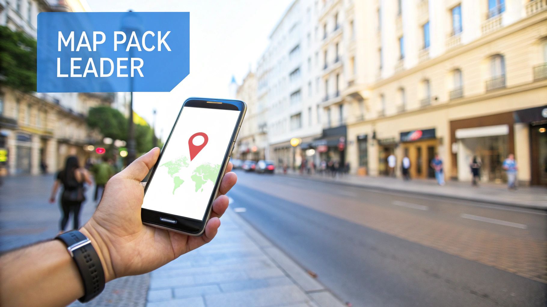 Hand holding a smartphone displaying a world map with a red location pin, on a city street.