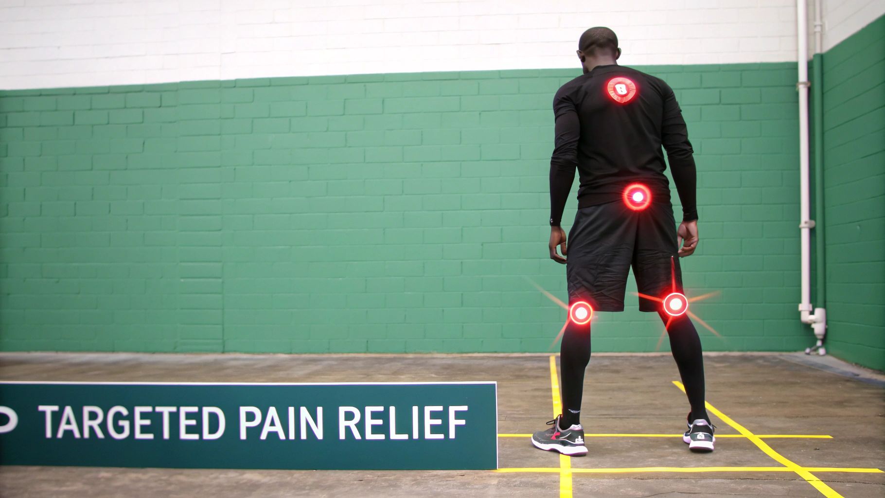 Athlete with glowing red pain points on back and knees, showcasing targeted pain relief.