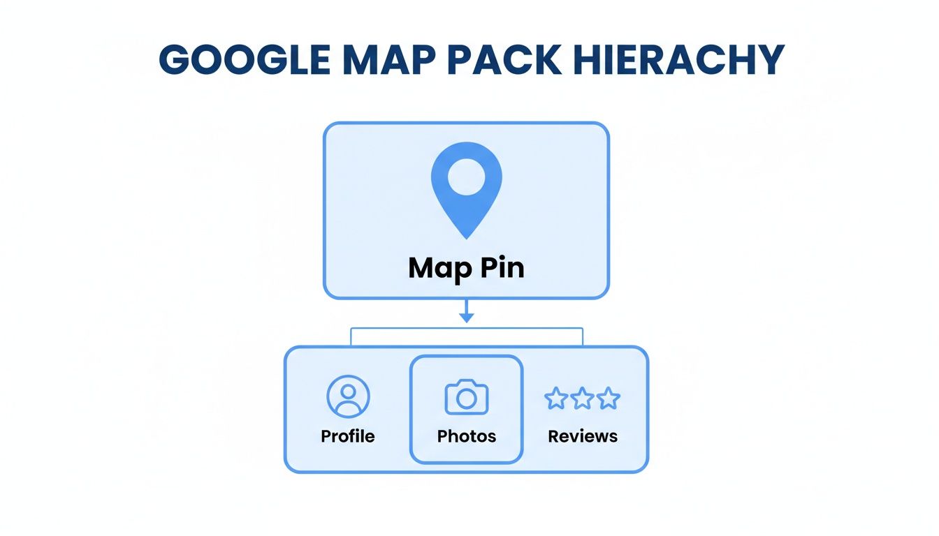 A diagram illustrates the Google Map Pack hierarchy, showing a Map Pin connected to Profile, Photos, and Reviews.