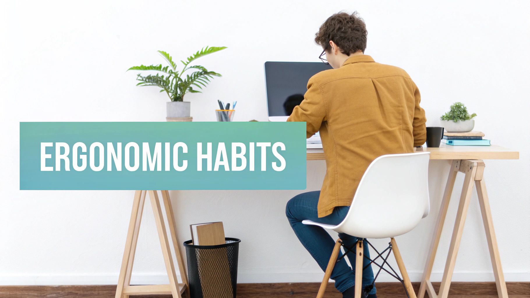 A person works at a desk on a computer, with text 'Ergonomic Habits' overlaid.