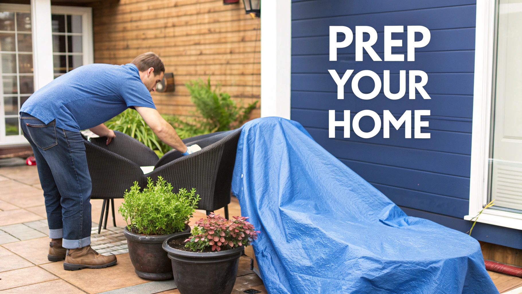 A man in a blue shirt preps his home by covering outdoor furniture with a blue tarp.