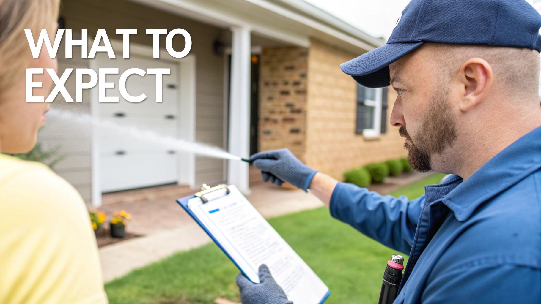 A uniformed service technician pressure washing a house while a customer observes the process.