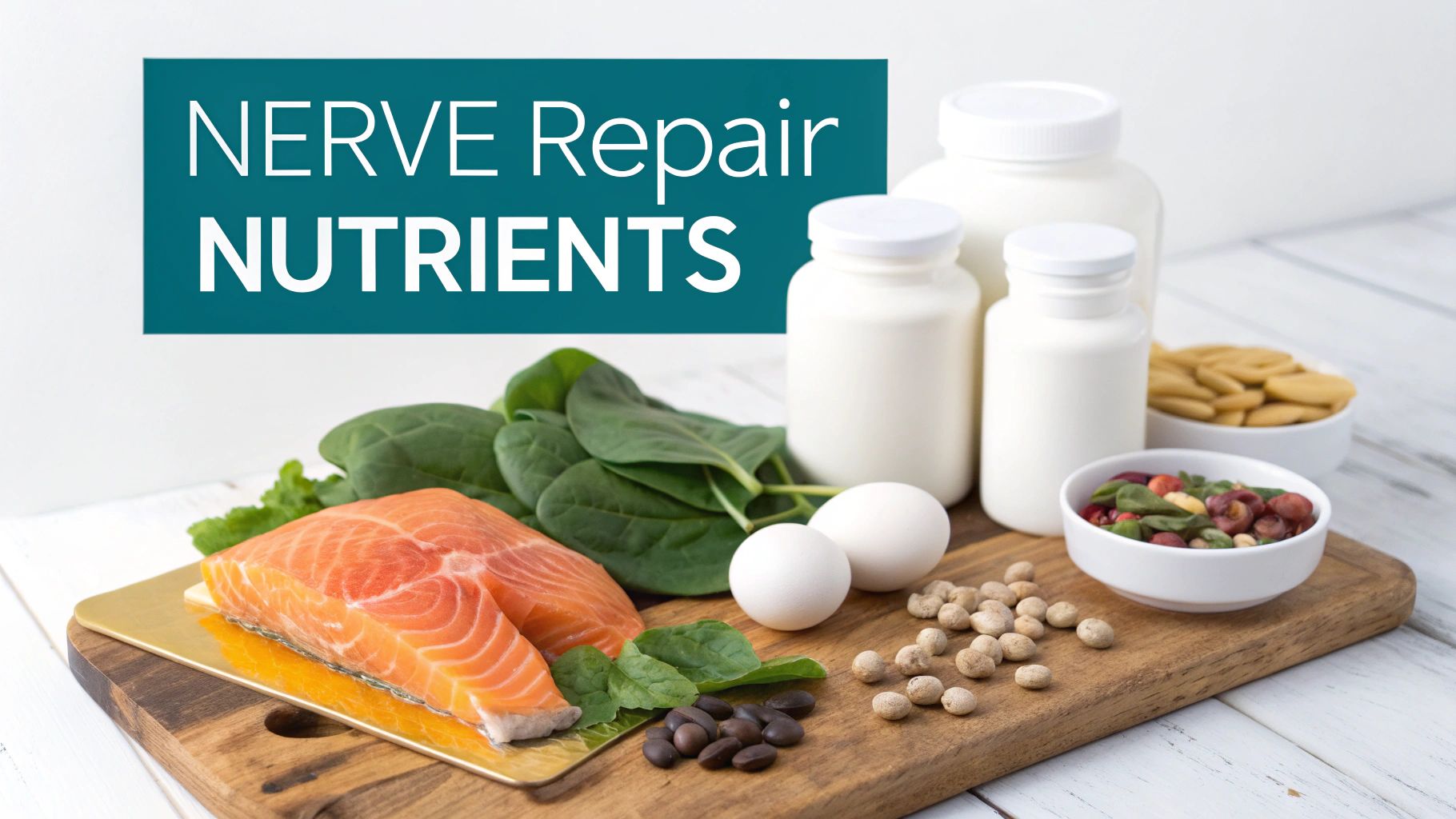 A flat lay of nerve repair nutrients including salmon, spinach, eggs, beans, nuts, and supplements.