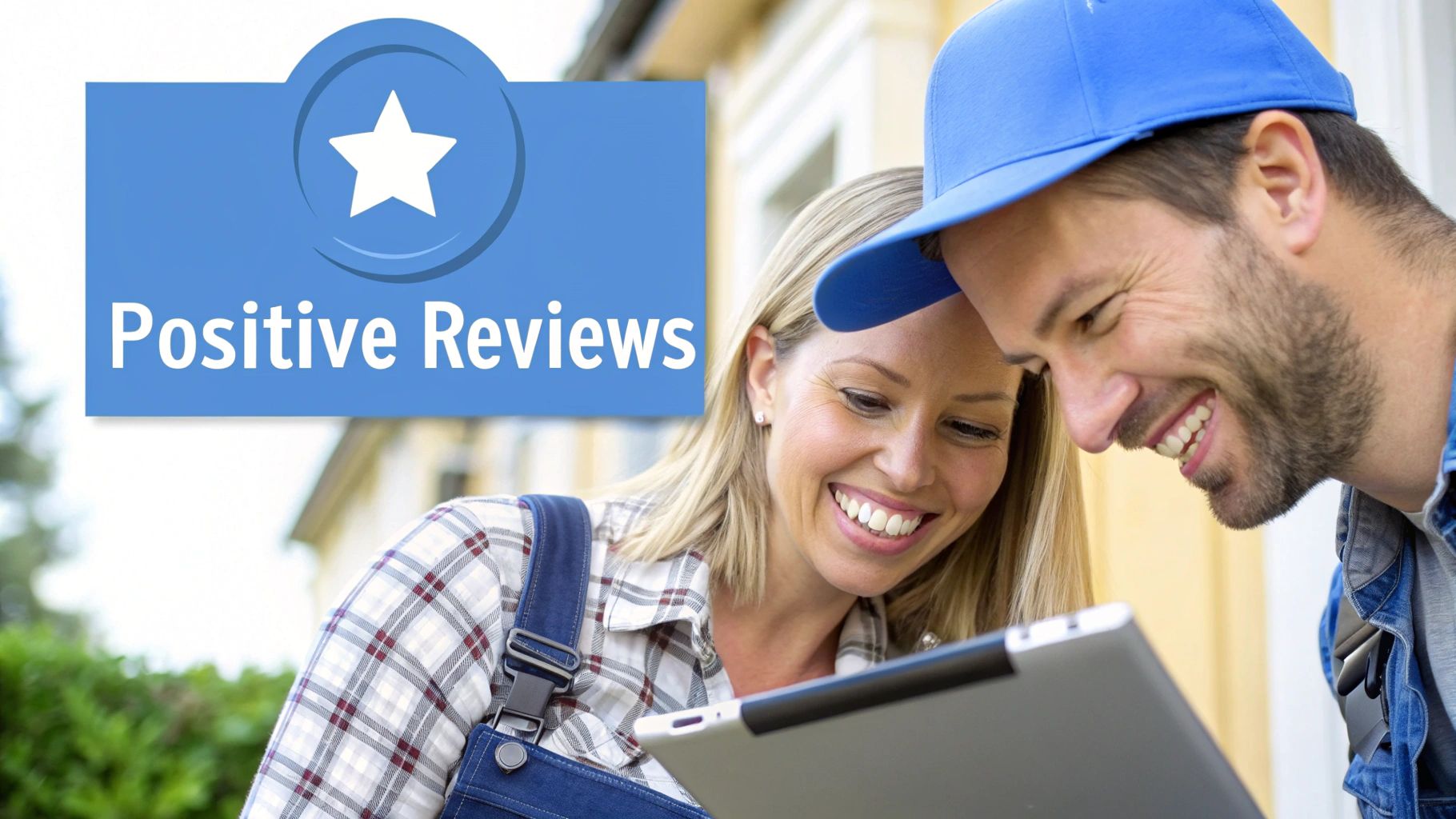 A man and a woman smiling while looking at a tablet, with a graphic displaying 'Positive Reviews'.