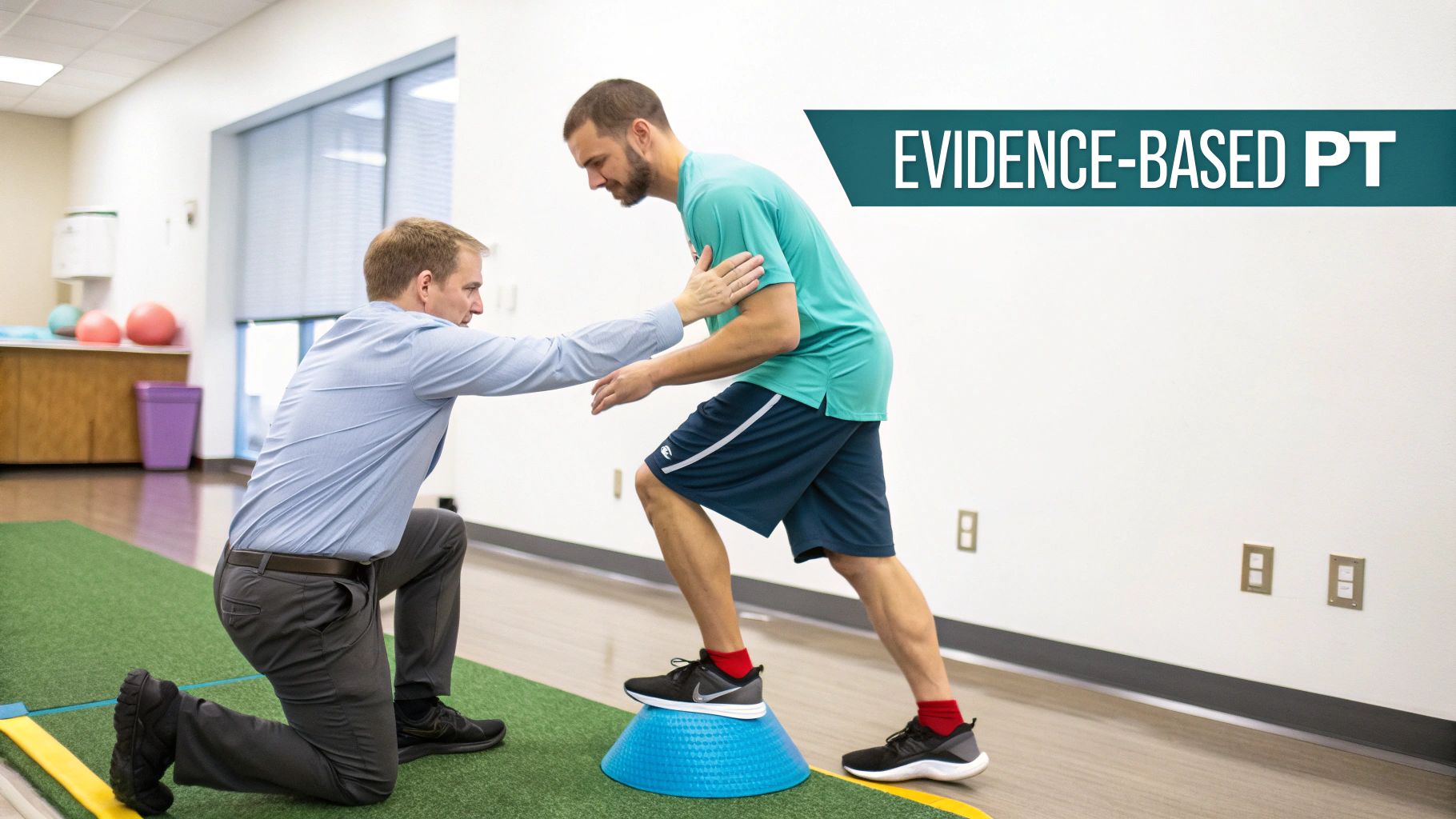 A physical therapist assists a male patient with balance exercises on a blue BOSU ball.