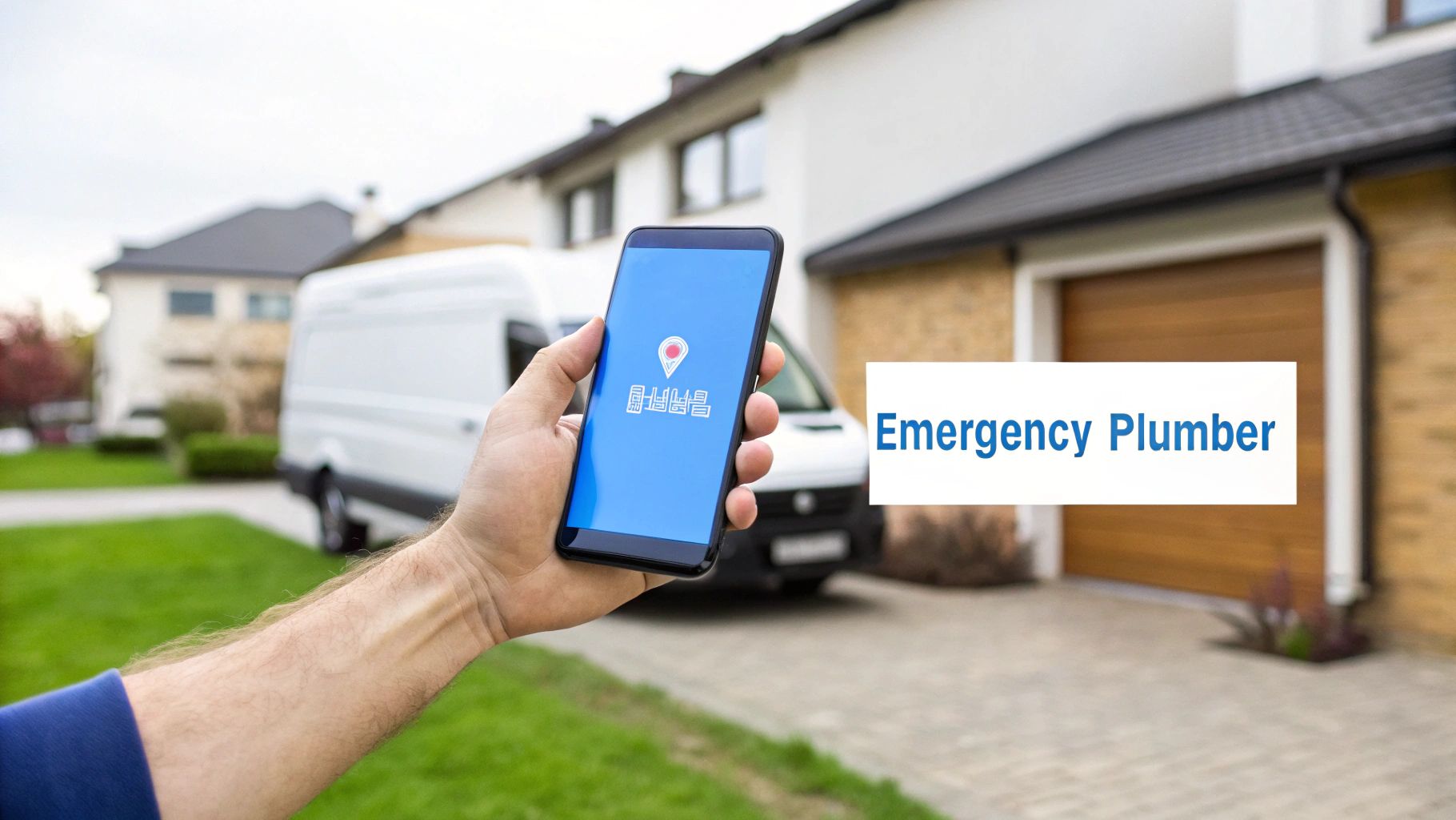 Hand holding smartphone with plumbing app, white van, and house, indicating an emergency plumber service.