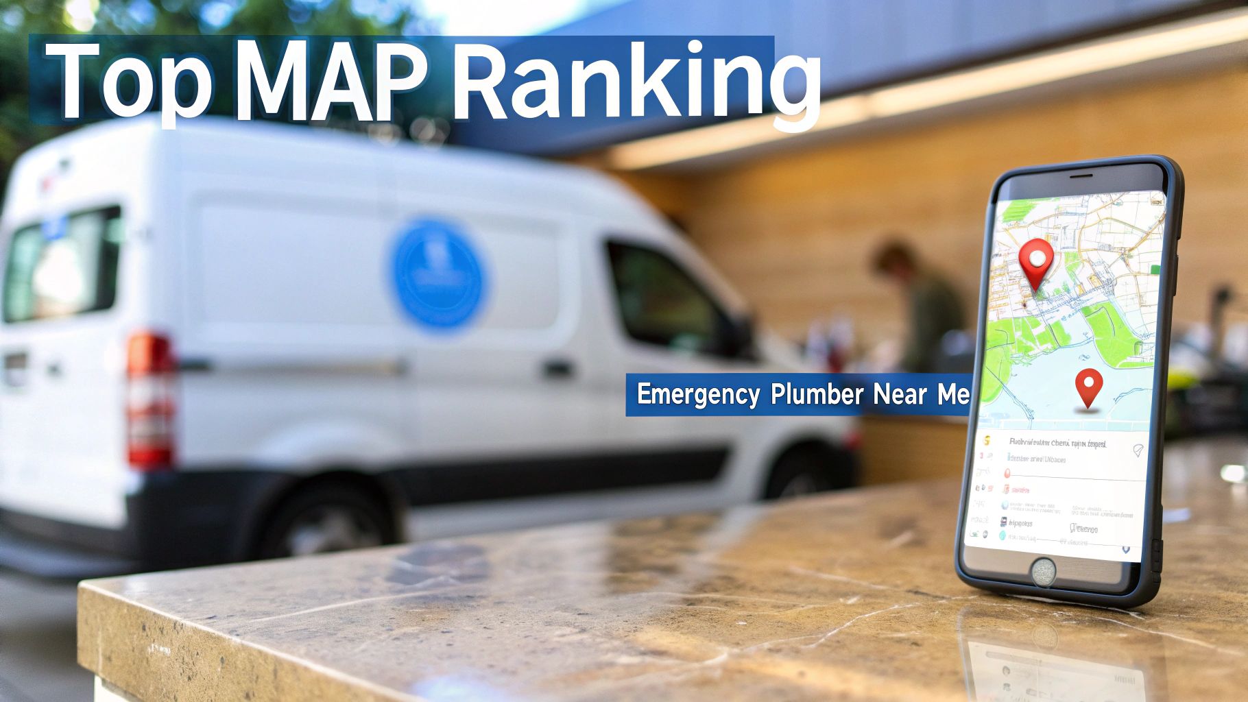 Smartphone with map search results for 'Emergency Plumber Near Me', showing top MAP ranking with a service van.