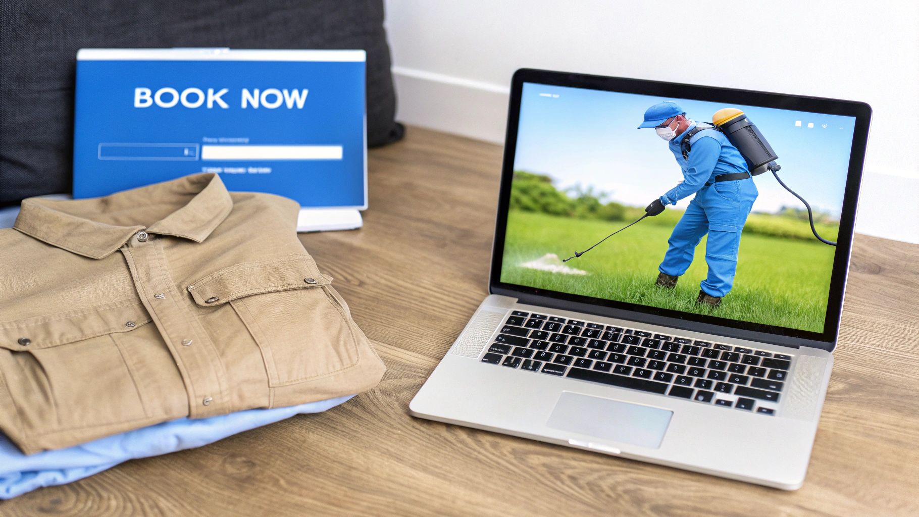 Laptop displaying a pest control worker, a 'BOOK NOW' sign, and folded clothes on a wooden floor.