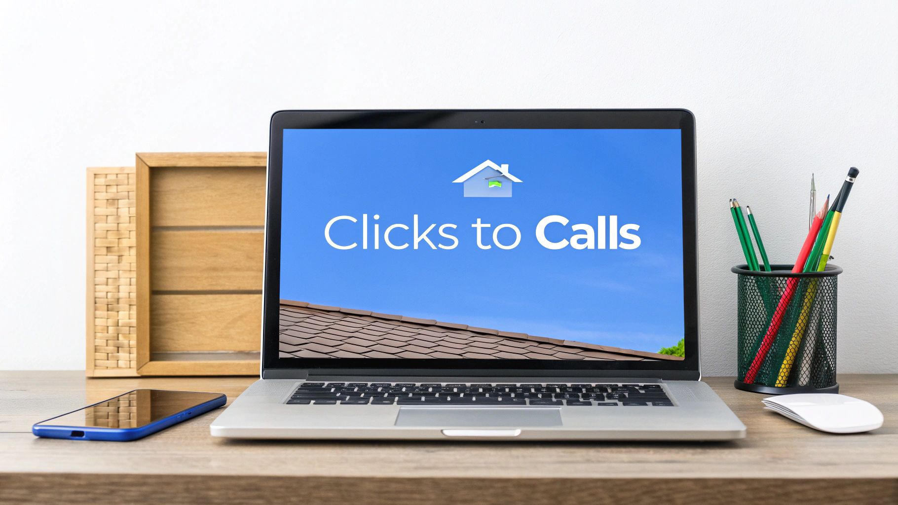 A laptop on a wooden desk displays 'Clicks to Calls' with a house icon, alongside a smartphone and office supplies.