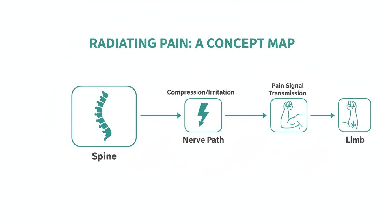 A concept map illustrating radiating pain, showing the process from the spine to a limb via nerve compression.
