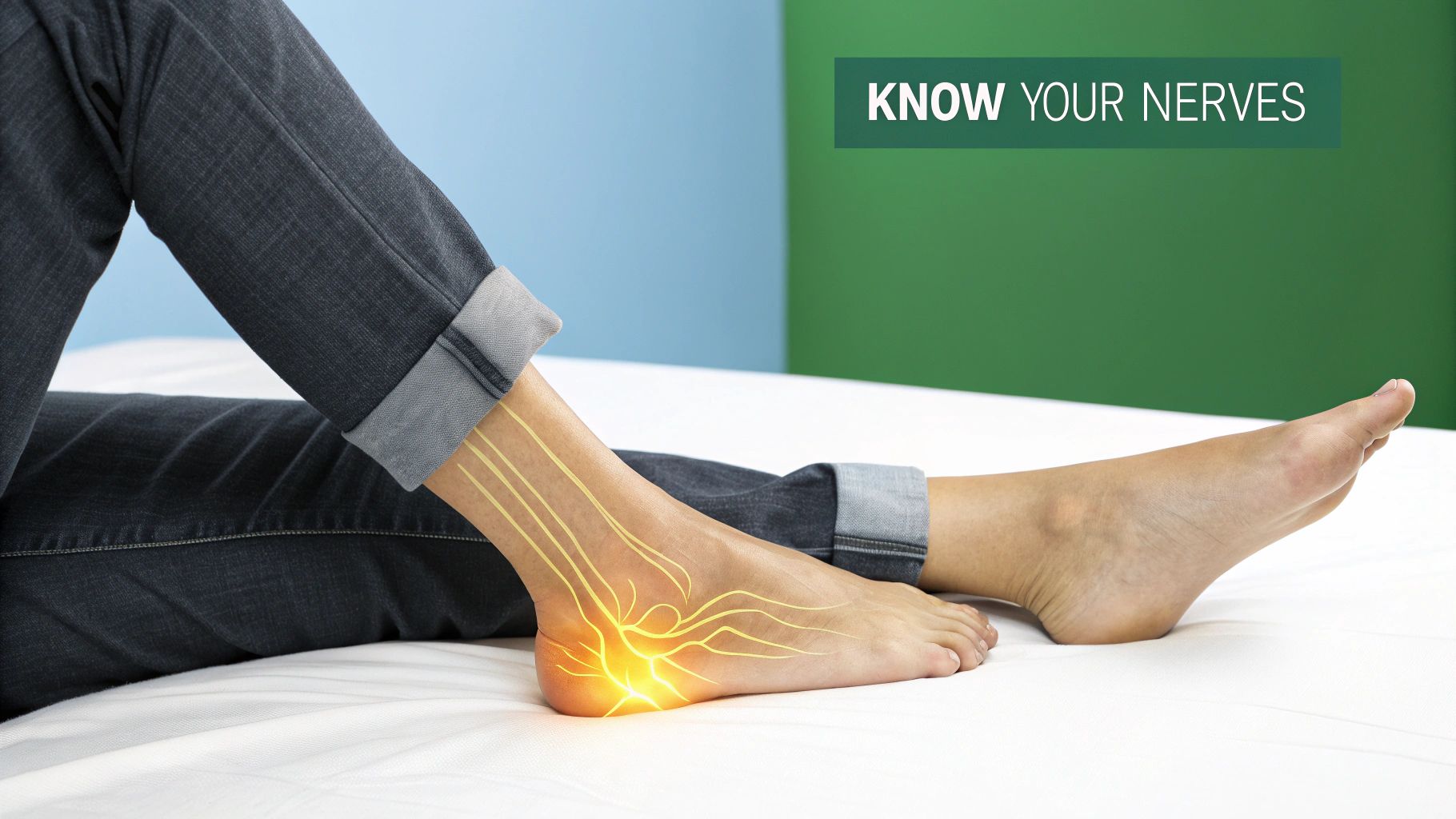 A person's leg and foot showing glowing nerves around the ankle and heel, with text 'KNOW YOUR NERVES'.