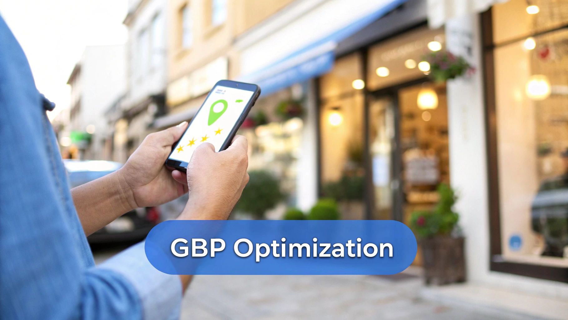 Person holding a smartphone displaying a map pin and star ratings for local business optimization.