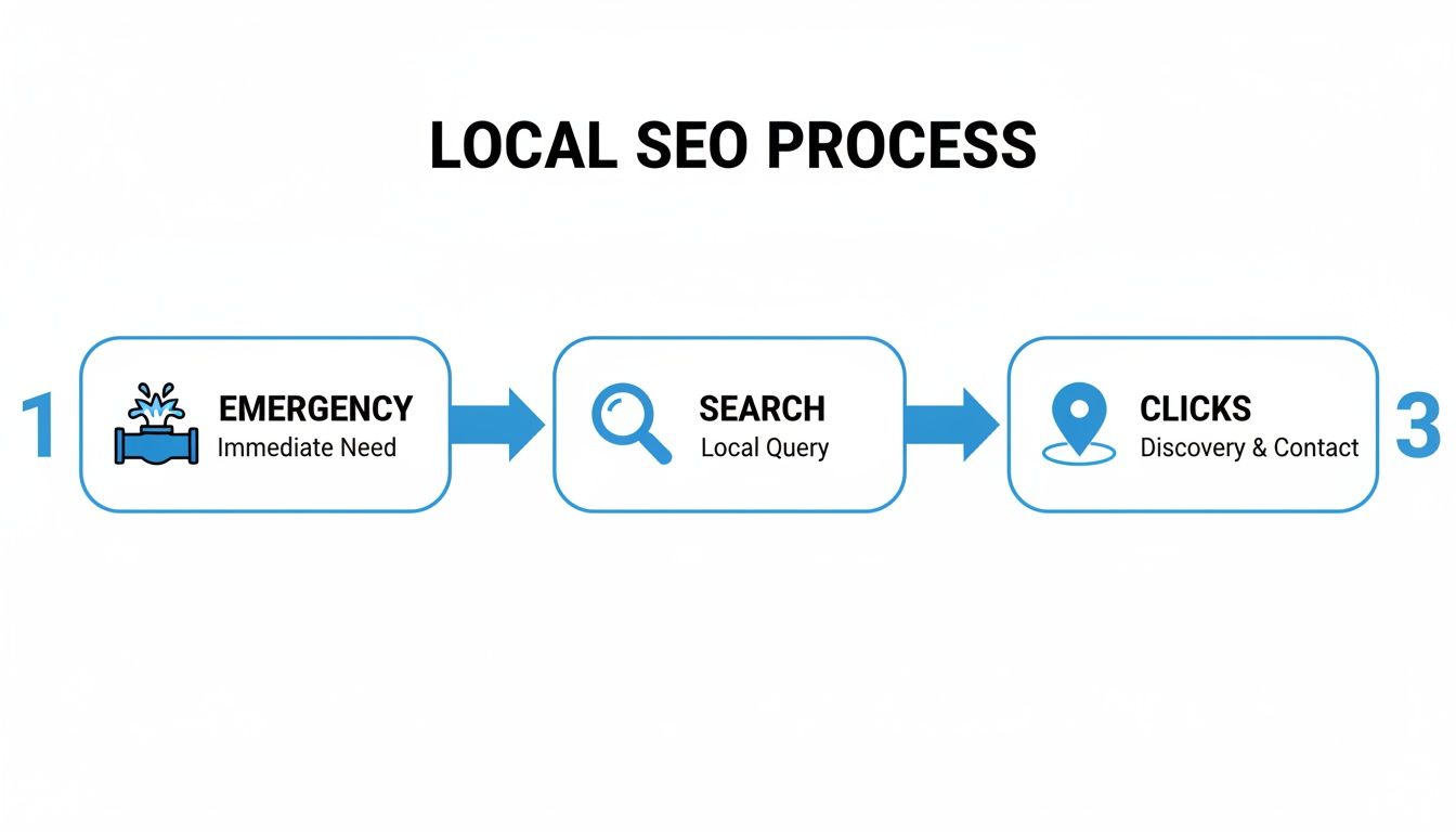 Flowchart illustrating the local SEO process from immediate need to local search and contact.