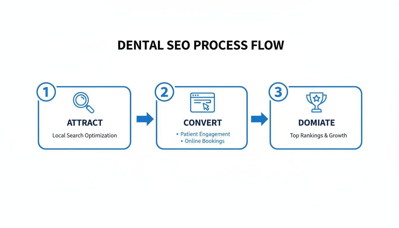 A dental SEO process flow diagram showing steps to attract, convert, and dominate for dentists.