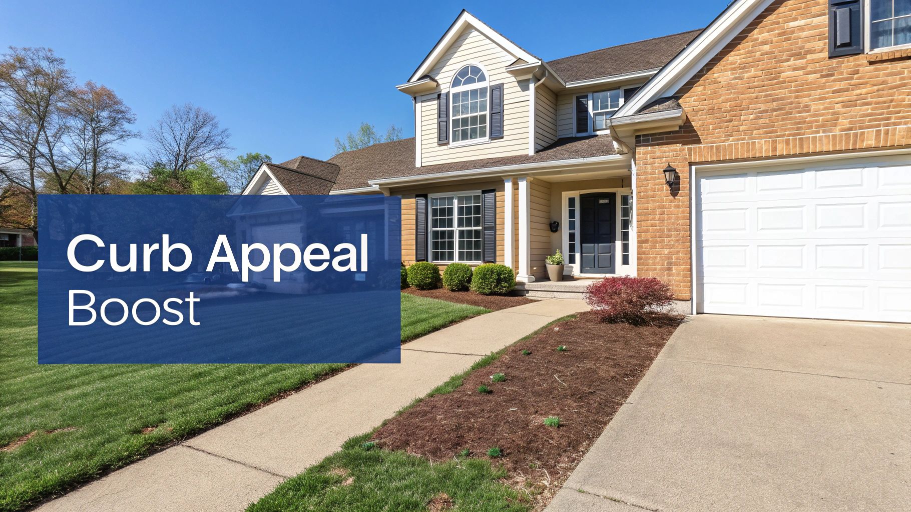 A two-story house with a white garage, a green lawn, and a blue overlay with 'Curb Appeal Boost' text.