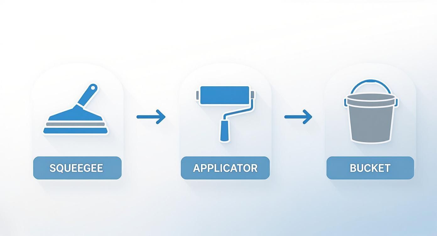 Flowchart showing cleaning and application tools including a blue s, an applicator roller, and a gray bucket.