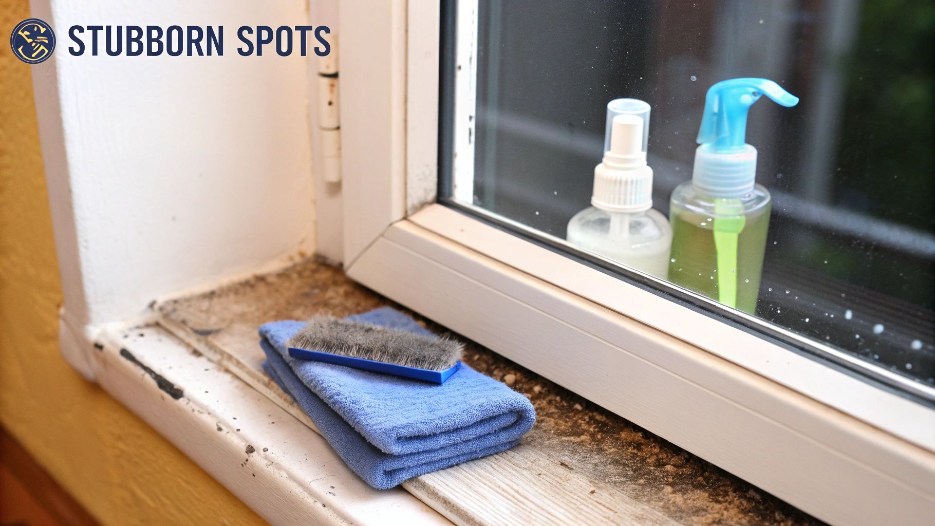 A small brush and blue microfiber cloth resting on a very dirty window sill, ready for cleaning.