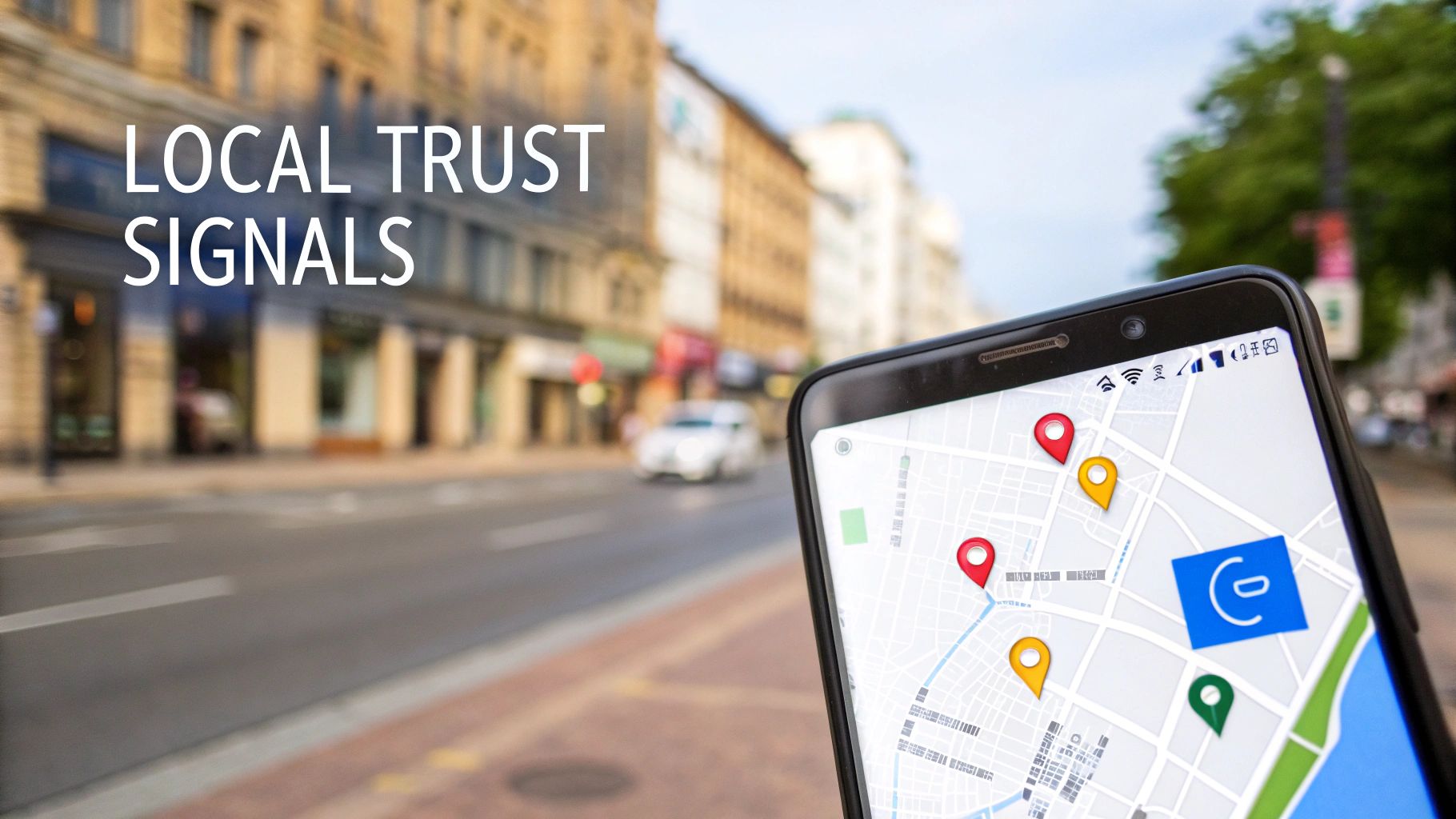 A smartphone displays a map with multiple colored location pins, representing local trust signals in a city.