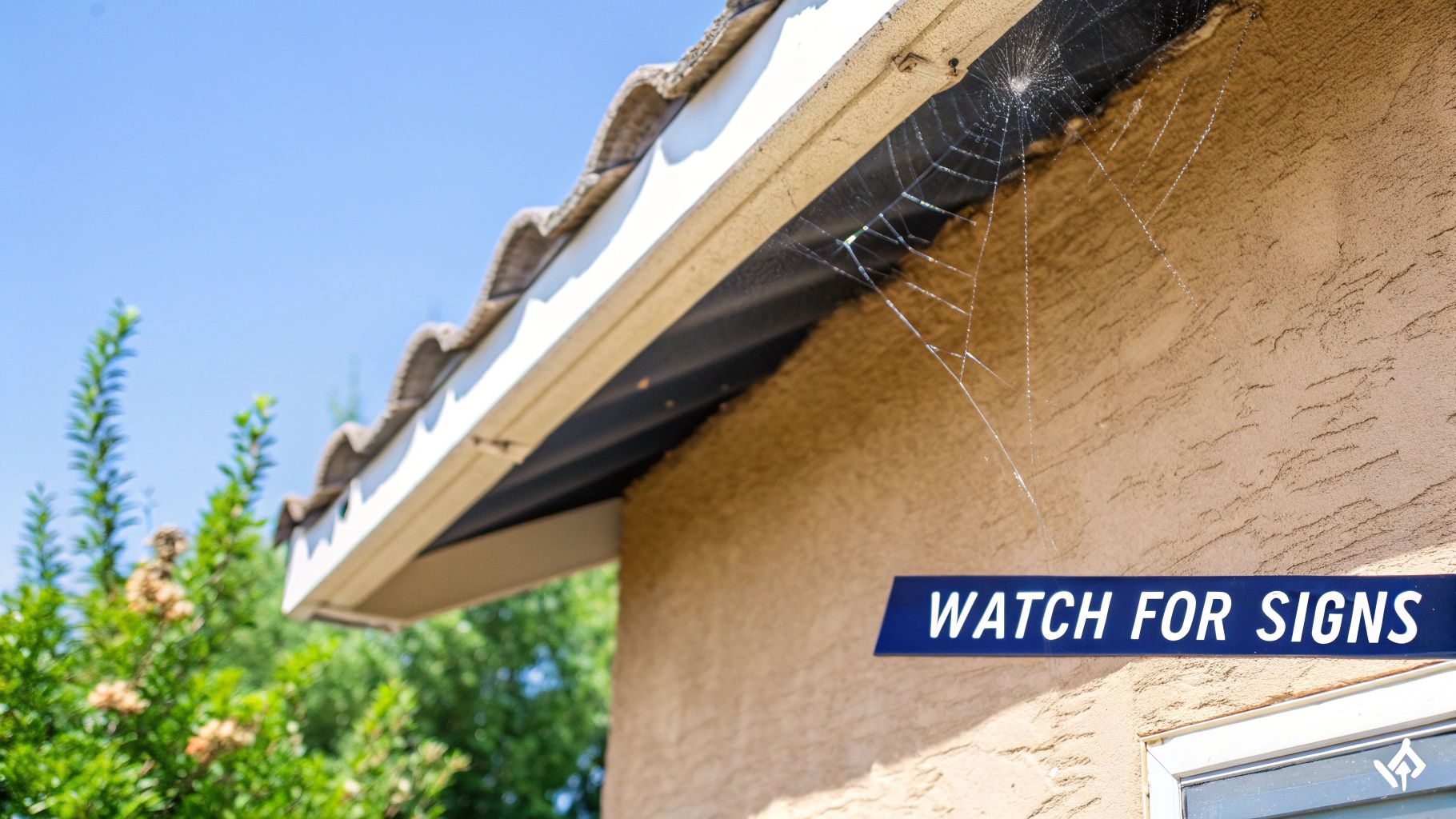 A detailed view of a spiderweb stretching from a house eave to a stucco wall, with a 'WATCH FOR SIGNS' label.
