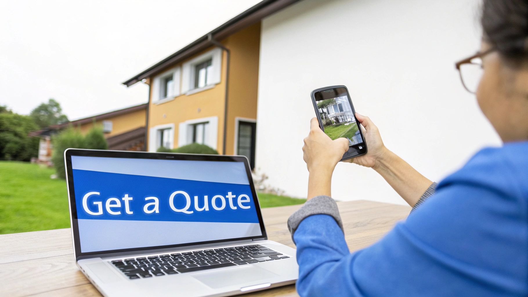 A person takes a photo of a house with a smartphone, next to a laptop displaying 'Get a Quote'.