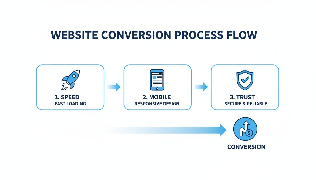 Flowchart illustrating the website conversion process, highlighting speed, mobile responsiveness, and trust as key factors.