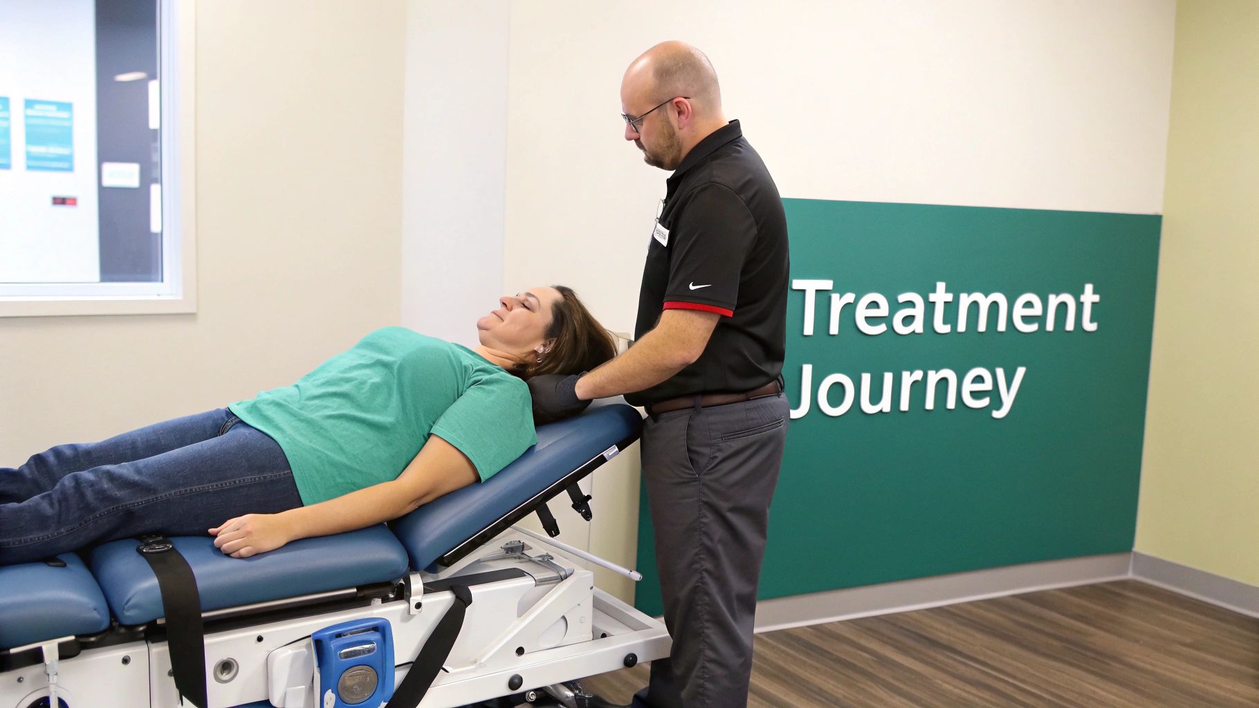 Therapist performing spinal decompression therapy on a patient's neck on a specialized treatment table.
