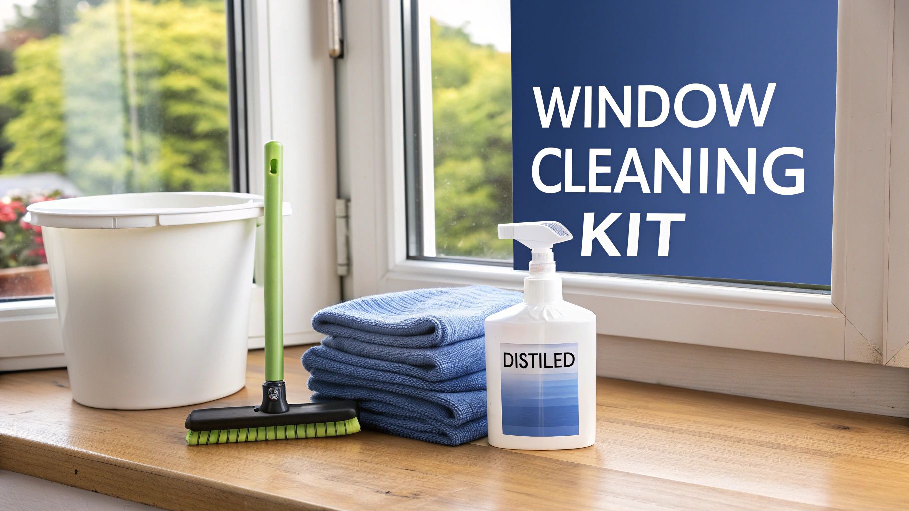 A complete window cleaning kit with a bucket, squeegee, cloths, and spray bottle on a windowsill.