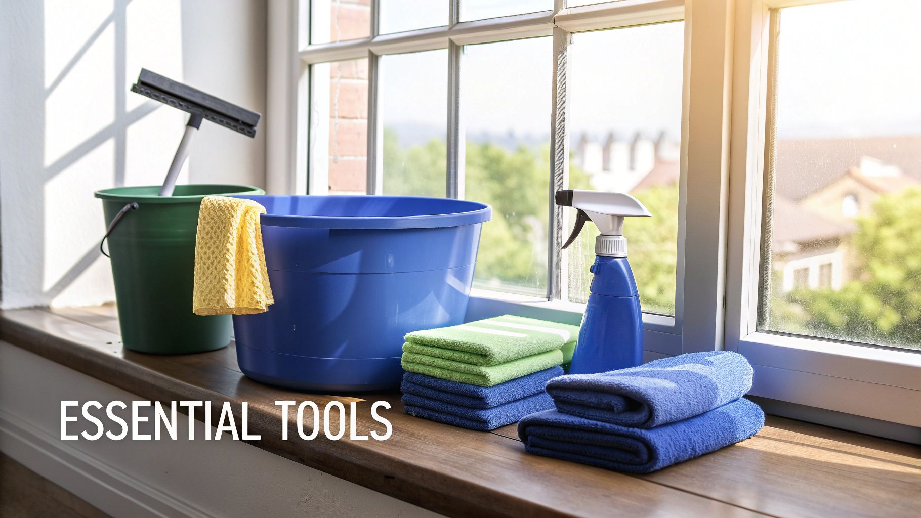 Essential tools for window cleaning, including buckets, squeegee, spray bottle, and towels on a windowsill.