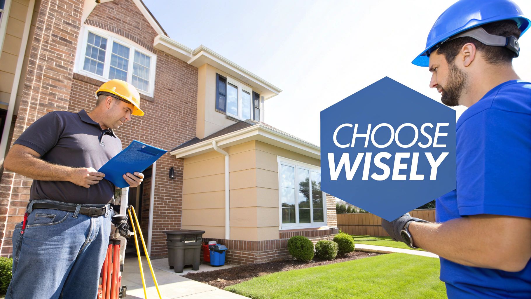 Two construction workers in hard hats discussing outside a modern house with a 'Choose Wisely' graphic.