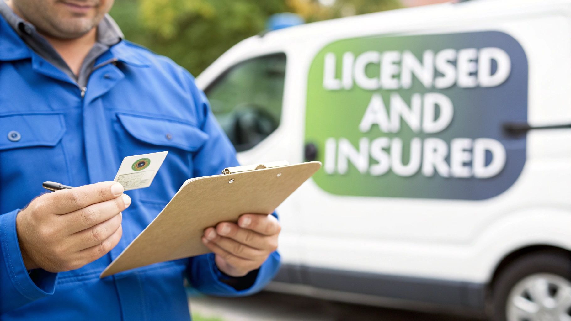 A service professional shows a license card and clipboard, with a 'Licensed and Insured' van in the background.