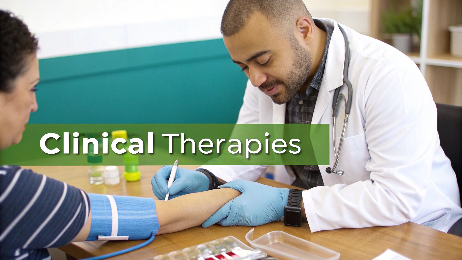 A male doctor in blue gloves attends to a female patient's arm, with 'Clinical Therapies' text overlay.